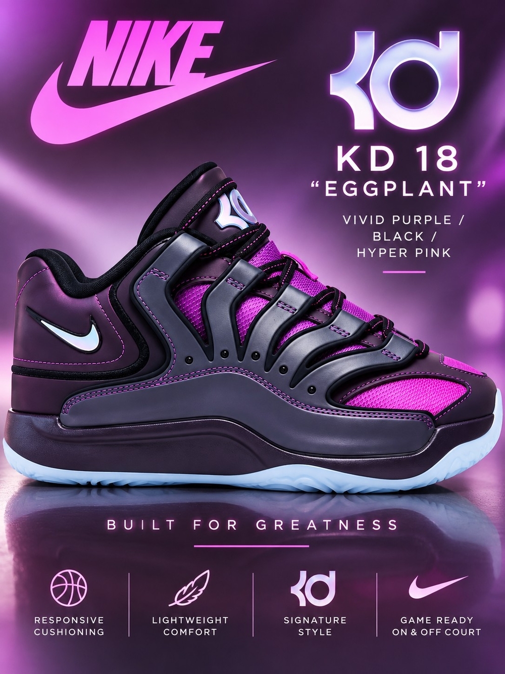 Nike KD 18 Sneakers Eggplant Vivid Purple Hyper Pink Men’s 9.5